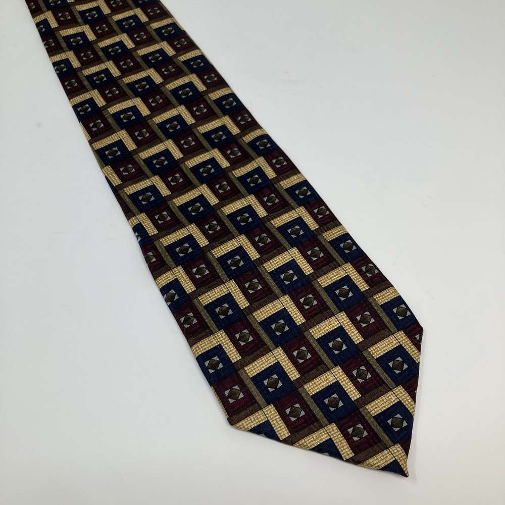 Vintage Louis Roth Mens Necktie Geometric Patchwork Mosaic Silk Woven Gold